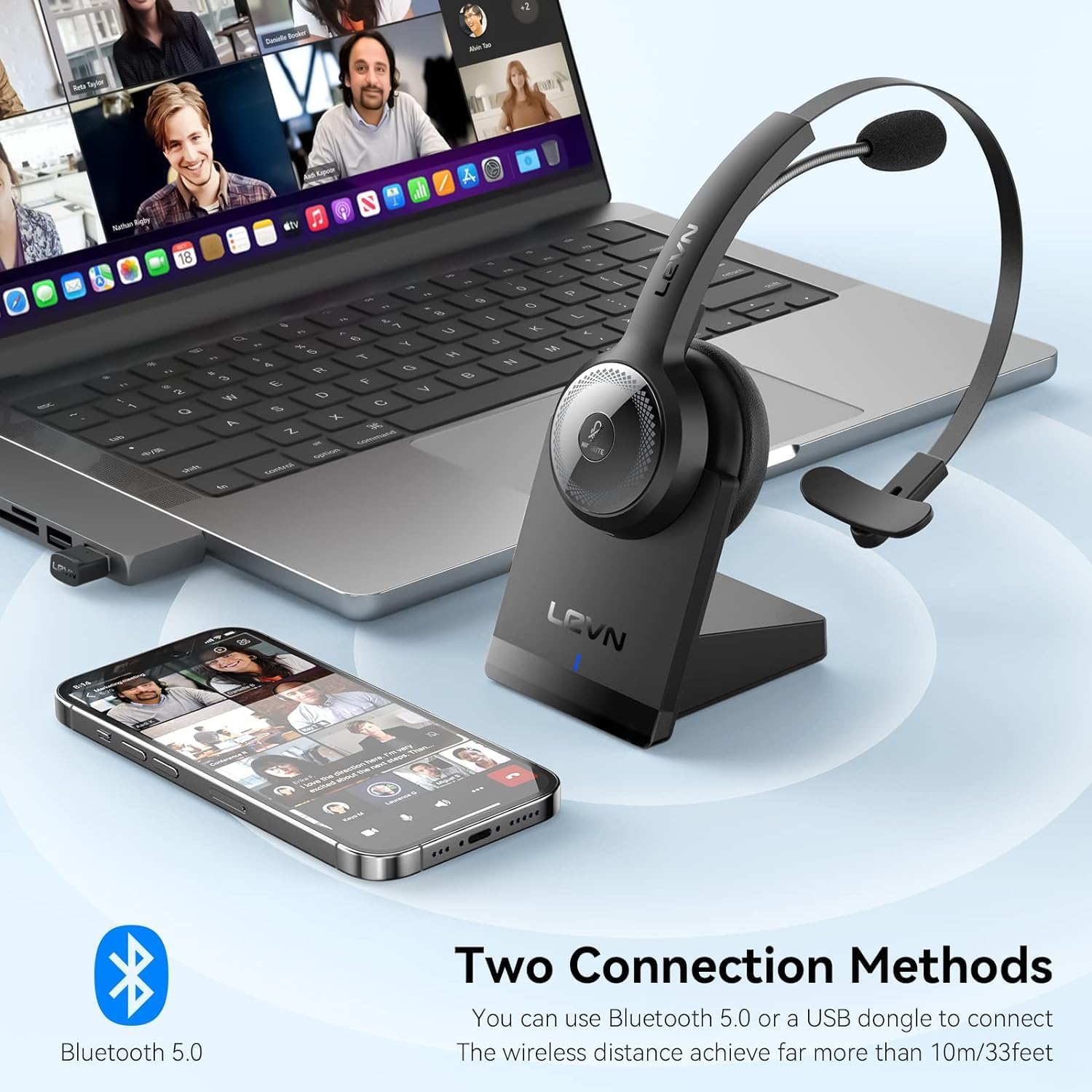 LEVN Bluetooth 5.0 Headset, Wireless Headset with Microphone (AI Noise Cancelling), 35Hrs Bluetooth Headphones with USB Dongle for PC, Suitable for Remote Work/Call Center/Zoom/Online Class/Trucker - Image 6