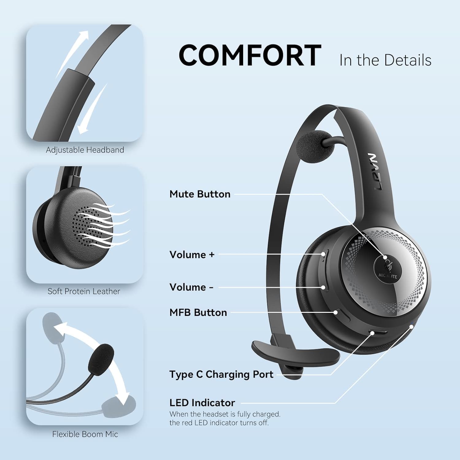 LEVN Bluetooth 5.0 Headset, Wireless Headset with Microphone (AI Noise Cancelling), 35Hrs Bluetooth Headphones with USB Dongle for PC, Suitable for Remote Work/Call Center/Zoom/Online Class/Trucker - Image 7