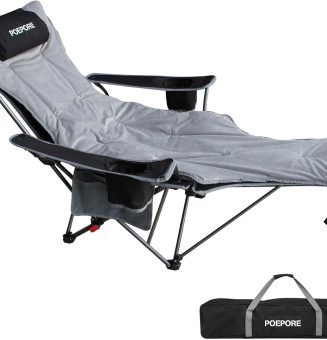 Reclining Camping Chair with Removable Footrest Lounge Chair with Headrest, Cotton Cushion, Portable Adjustable Folding Chairs